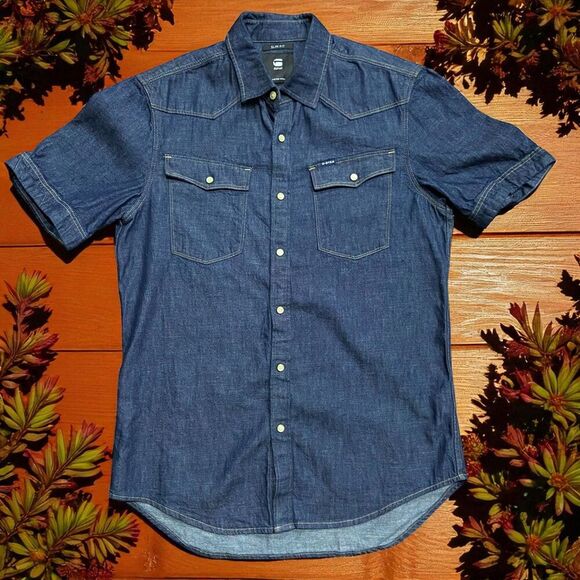 G-Star Raw Slim Fit Pearl Snap Dark Denim Blue Button Down Shirt Men's Medium - Picture 1 of 7
